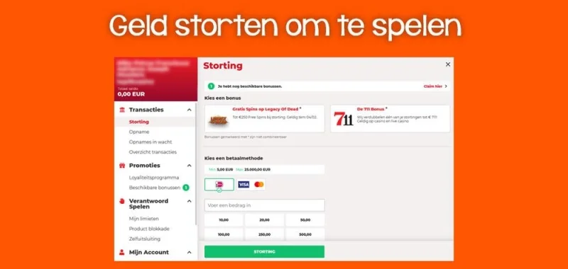 Geld storten in het account 